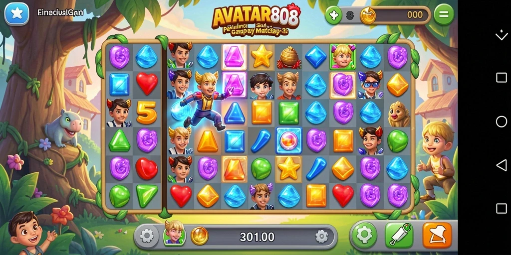 Screenshot dari gameplay match-3 yang seru dan penuh warna.