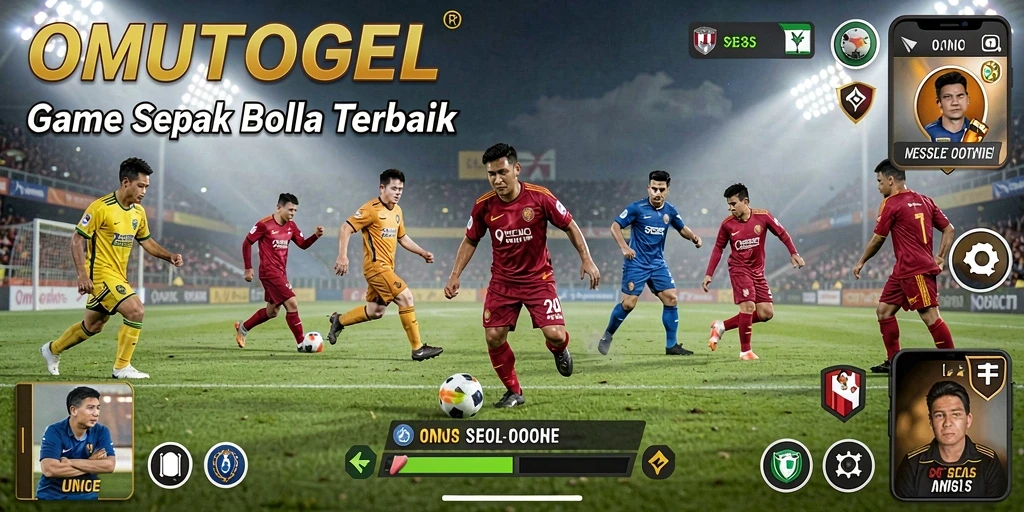 Screenshot gameplay OMUTOGEL menampilkan aksi sepak bola yang intens.