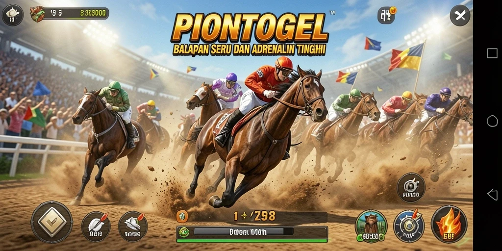 Screenshot utama PIONTOGEL menampilkan aksi balapan yang intens.