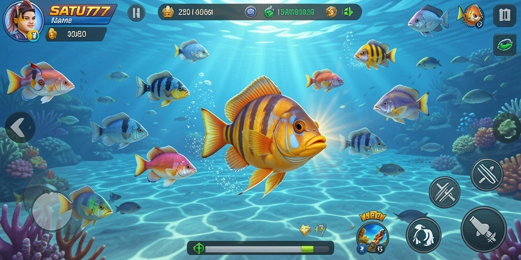 Tampilan gameplay SATU77 dengan ikan berwarna-warni yang menantang.