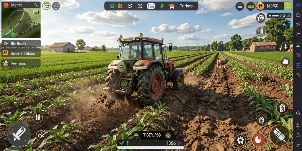 Screenshot gameplay TIGERJP88 menampilkan ladang yang subur dan hewan ternak.